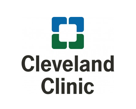 Cleveland Clinic Logo: Two blue squares on top of two green squares with a white square in the middle where they all intersect and 